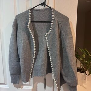 Commense Gray Pearl-Trim Open Cardigan